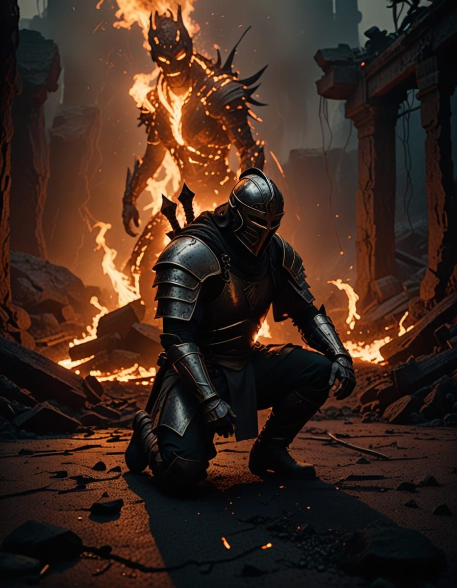 Defeated Warrior in Dark Fantasy Landscape