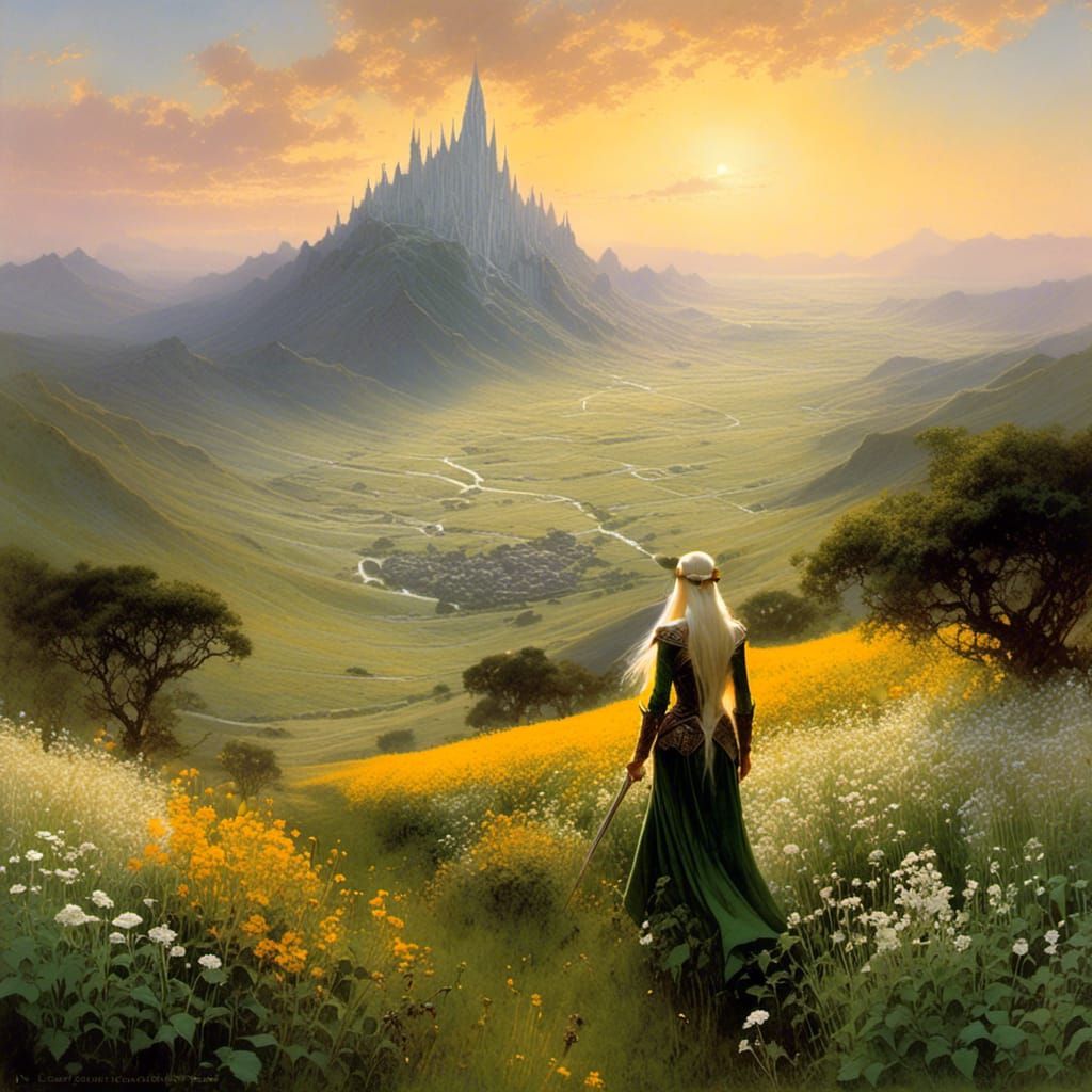 Elven Maiden in Wildflower Meadow at Sunrise