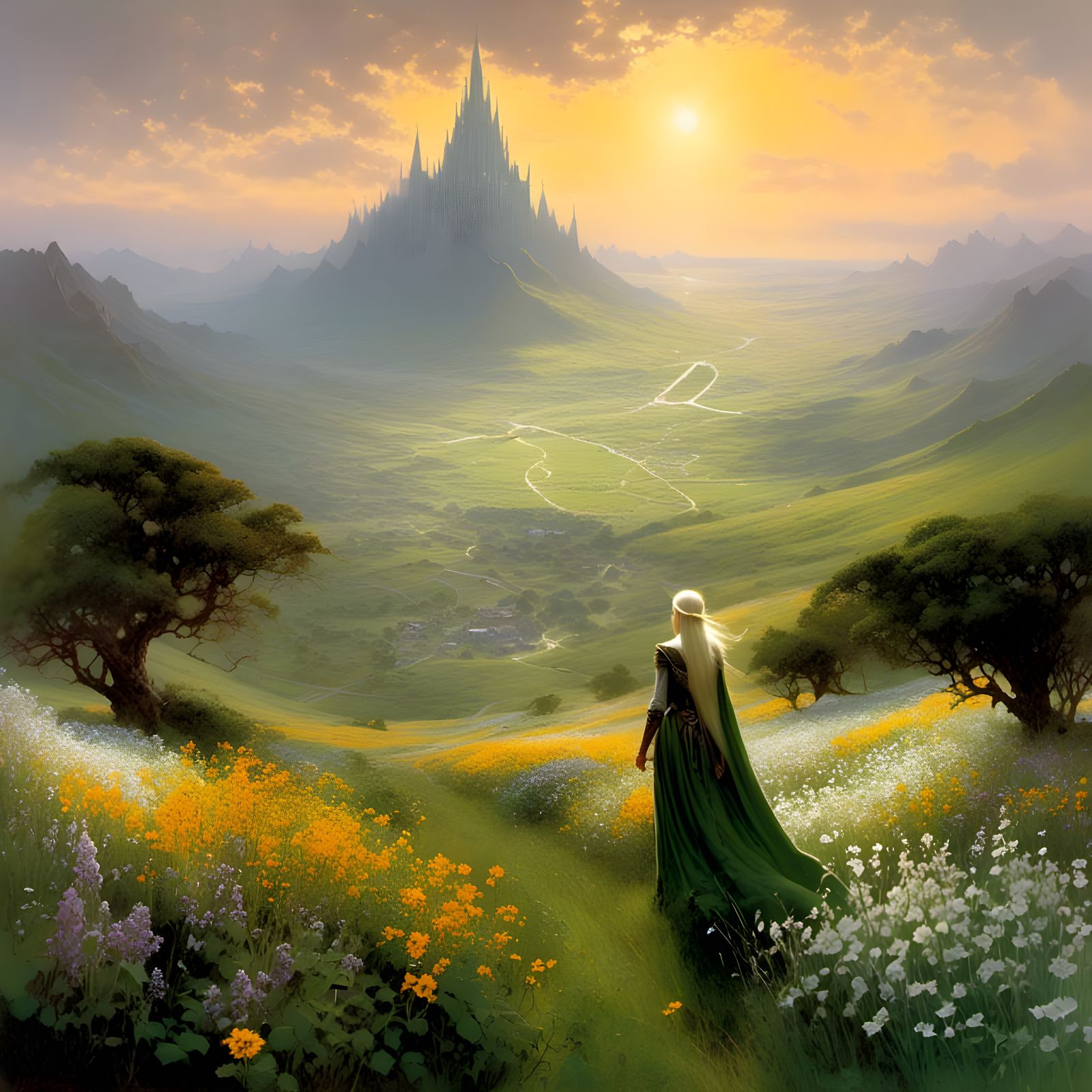 Elven Maiden in Hidden Valley at Sunrise