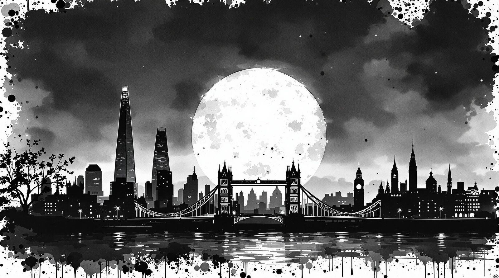 London Nightscape: Tower Bridge in Black and White Ink Art