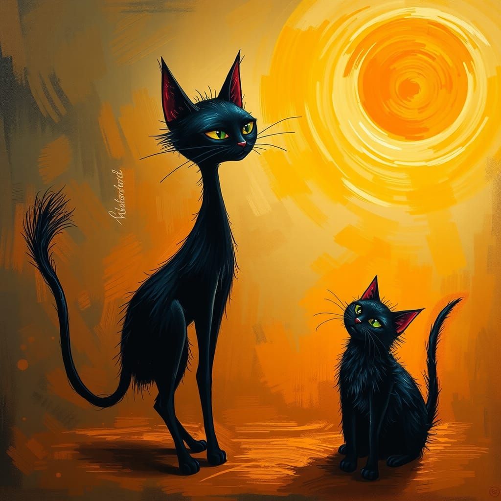 Surreal Black Cats in Dreamlike Whimsical Scene