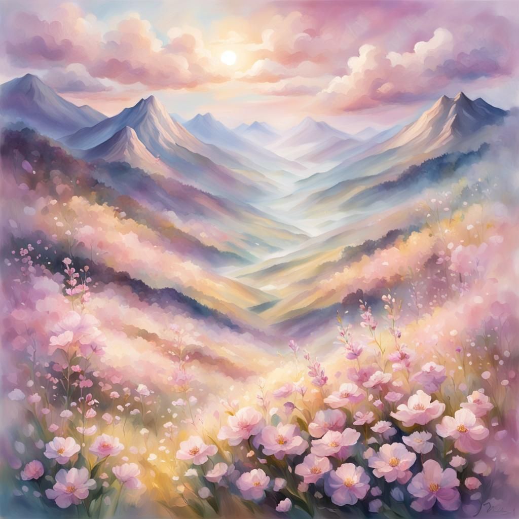 Pastel Mountains Covered in Clouds of Flowers