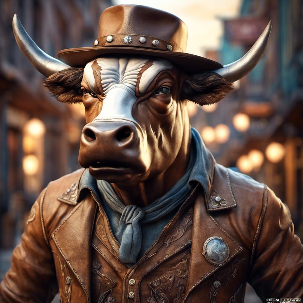 Cowboy Bull in Old West Town, Hyperrealistic Art