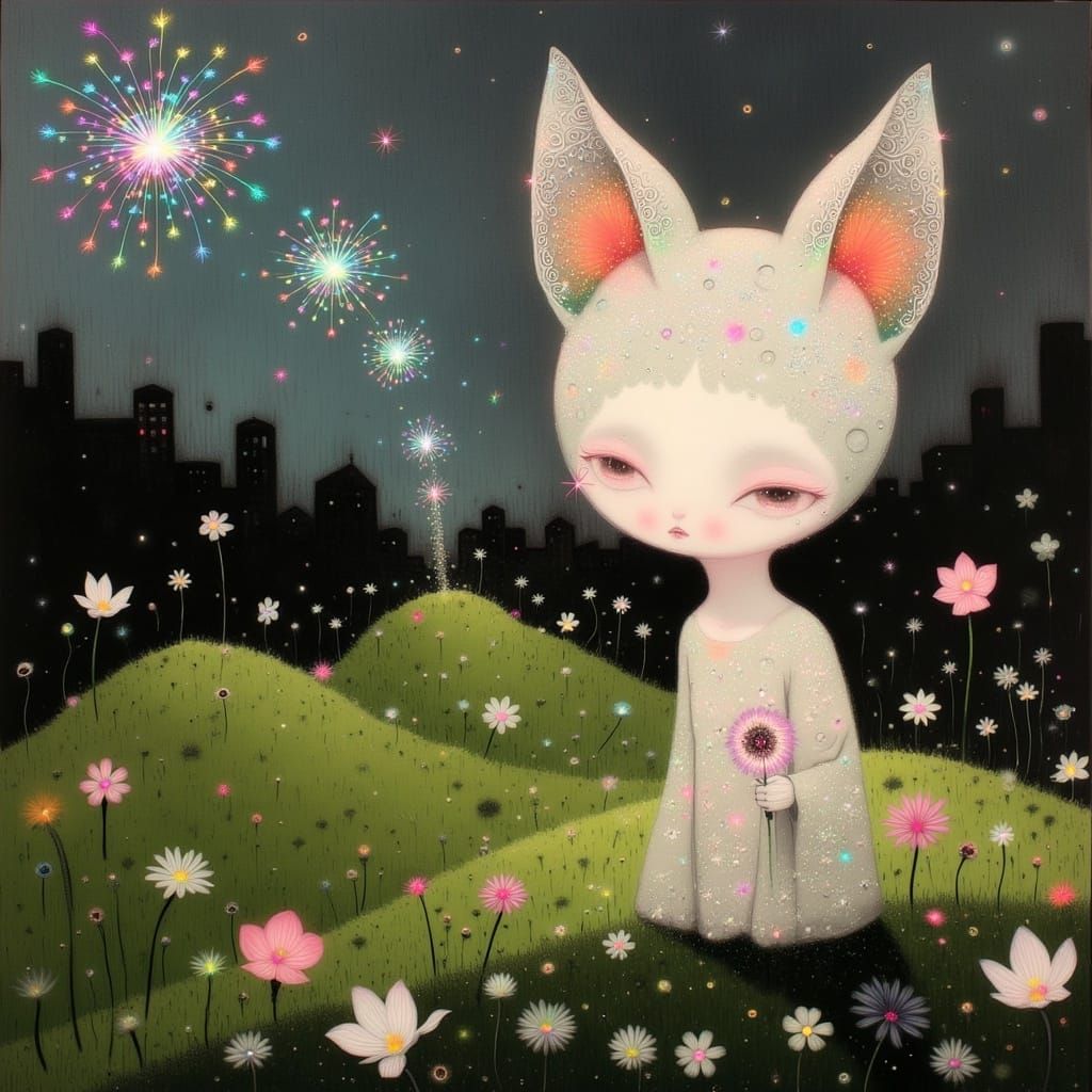 Glass Cat Amidst Colourful Fireworks in Whimsical Anime Land...