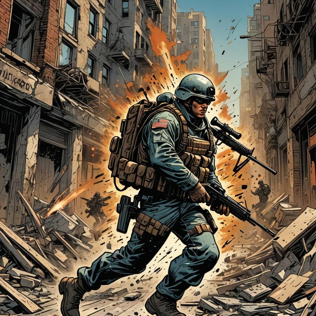 Soldier in War-Torn City, Comic Book Art
