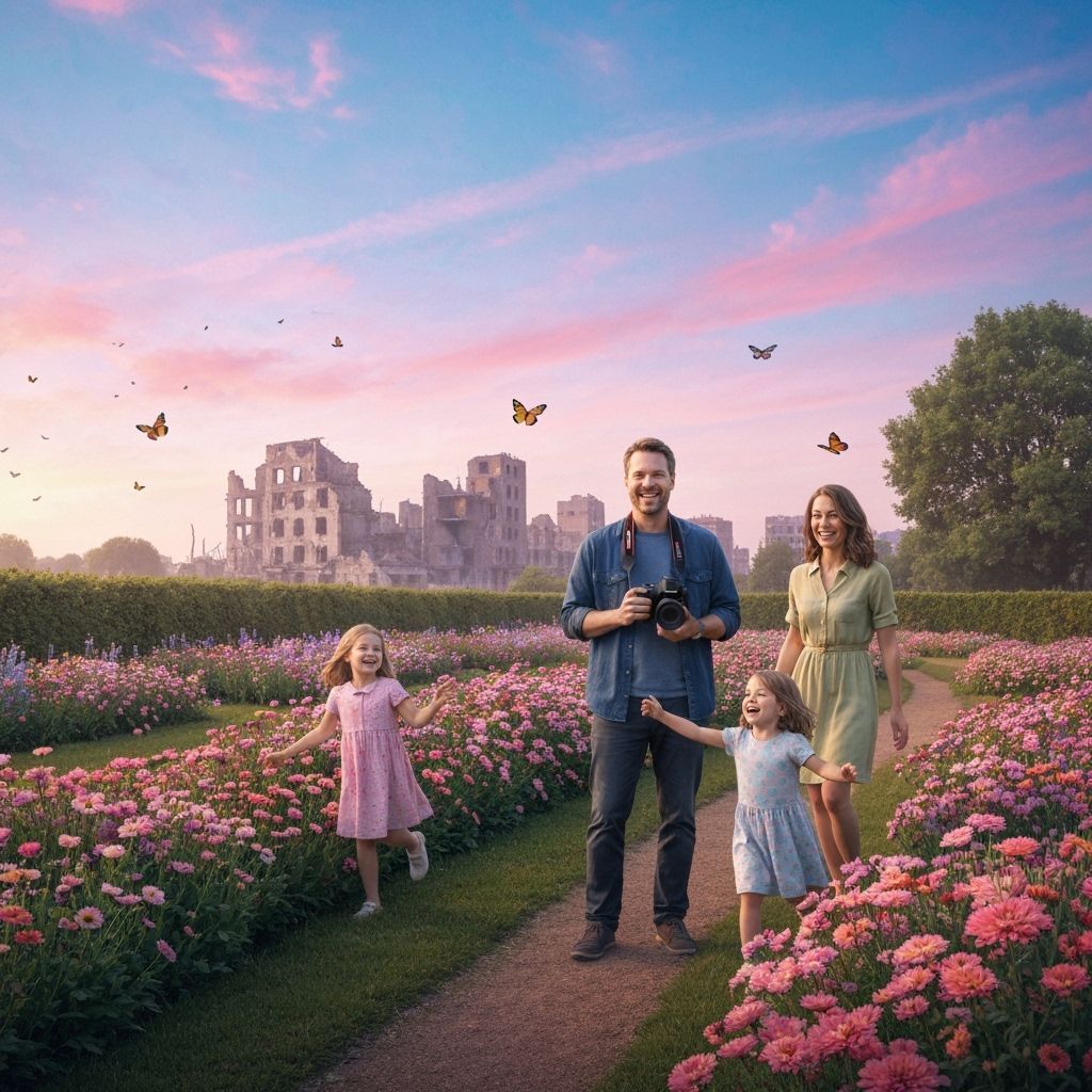 Ukrainian Family Garden Amidst Destruction, Dreamy Art