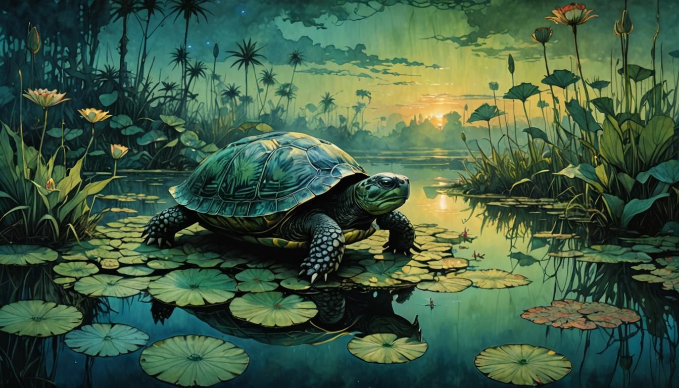 Mystical Turtle on Lily Pad at Sunset