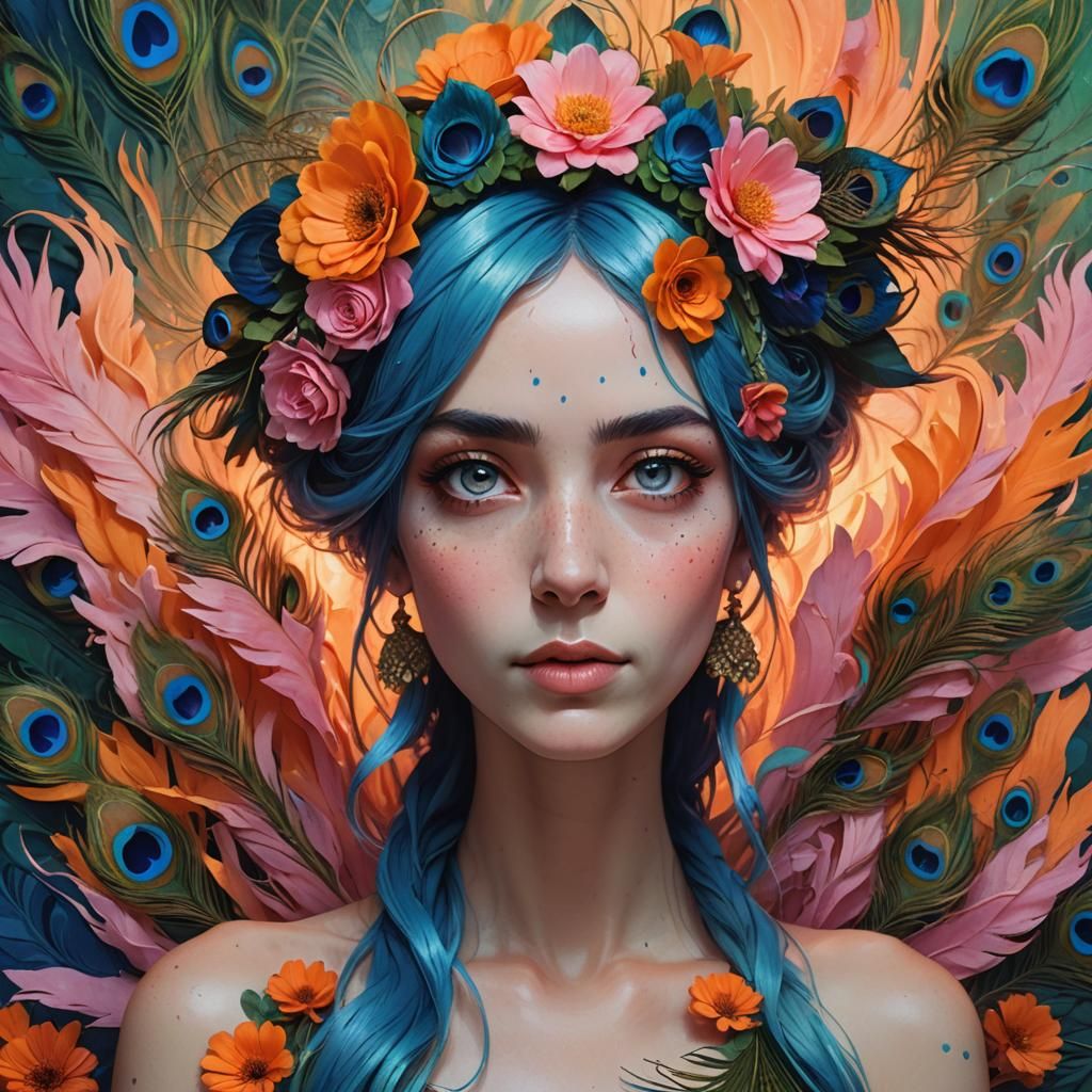 Woman with Blue Hair and Peacock Feathers