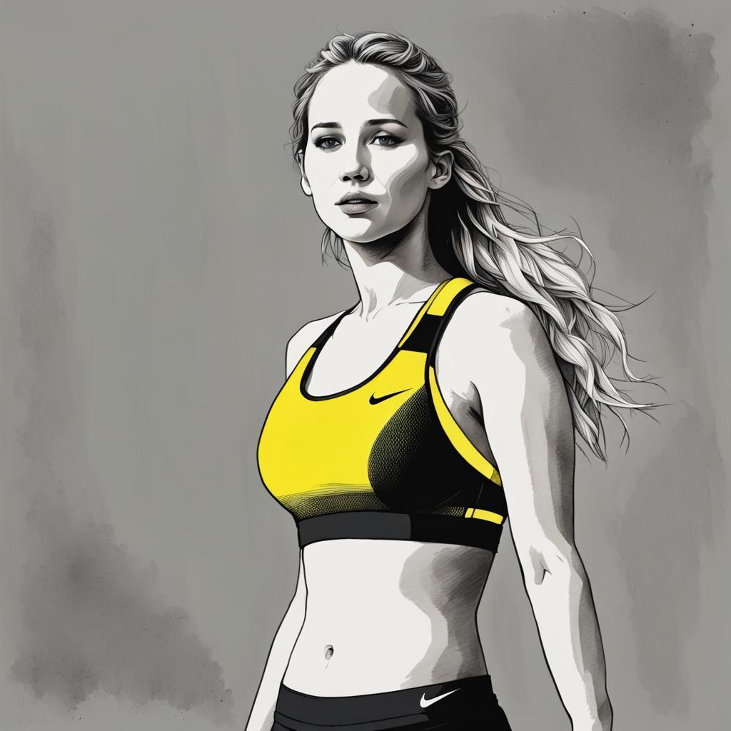 Detailed Ink Drawing of Woman in Sports Bra