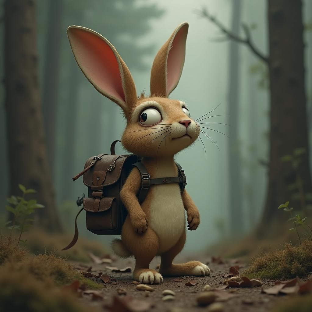 Skeptical Three-Legged Rabbit in Misty Forest