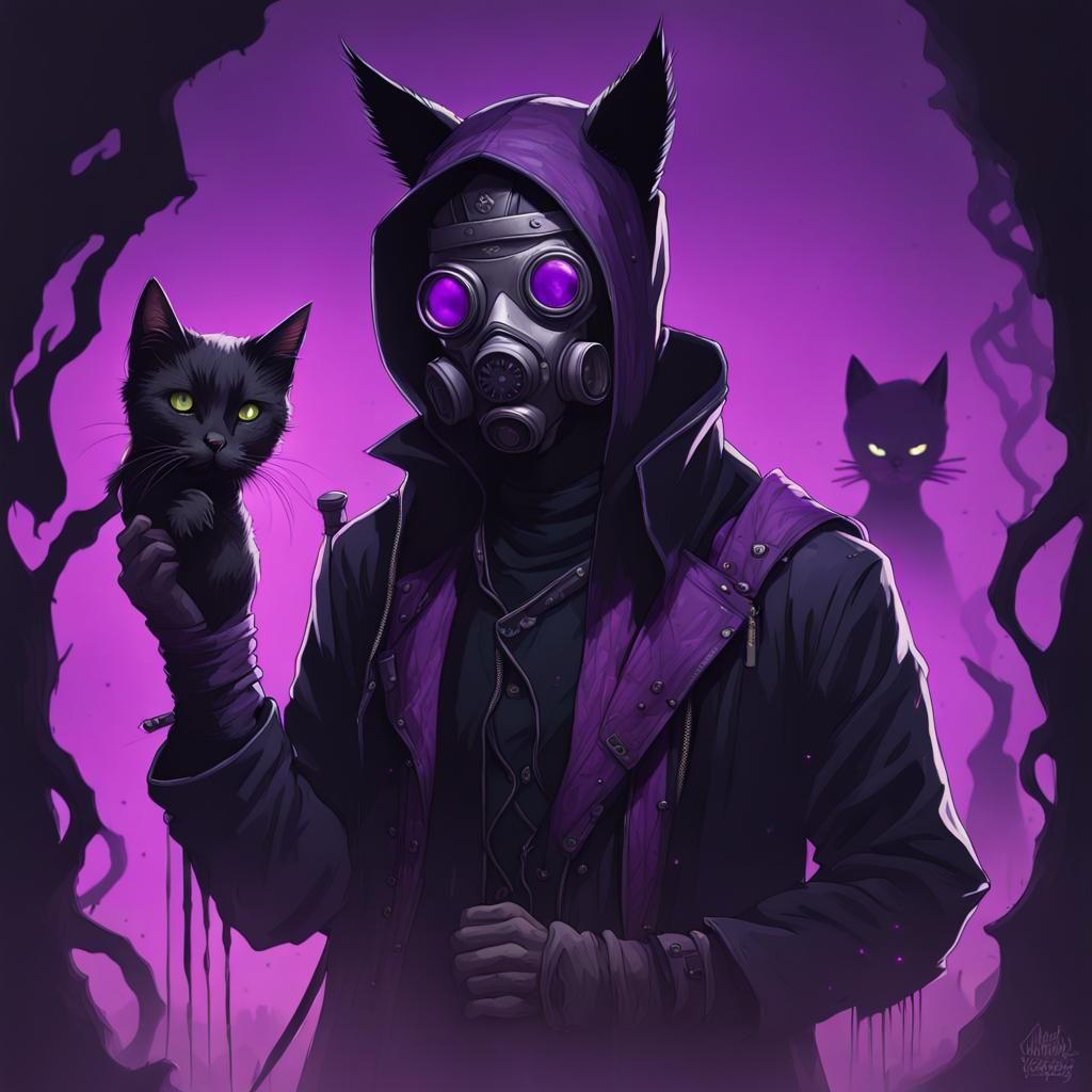 Masked Goth Man with Cat, Art Nouveau Style