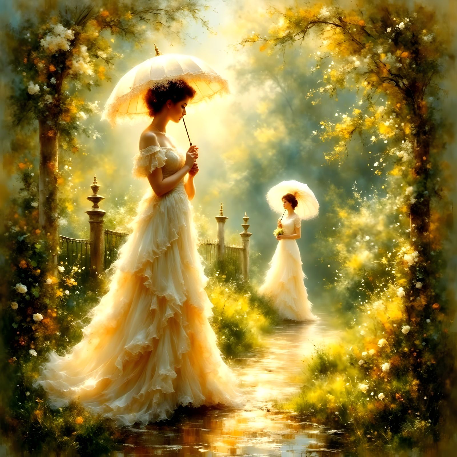 Ethereal Victorian Ladies in Lush Gardens, Oil Painting