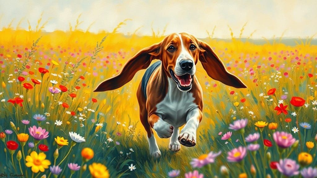 Playful Basset Hound in Impressionistic Wildflower Field