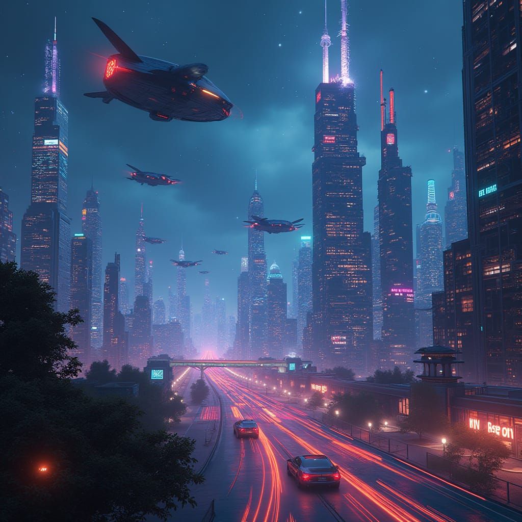 Cyberpunk Cityscape with Neon Lights and Flying Cars