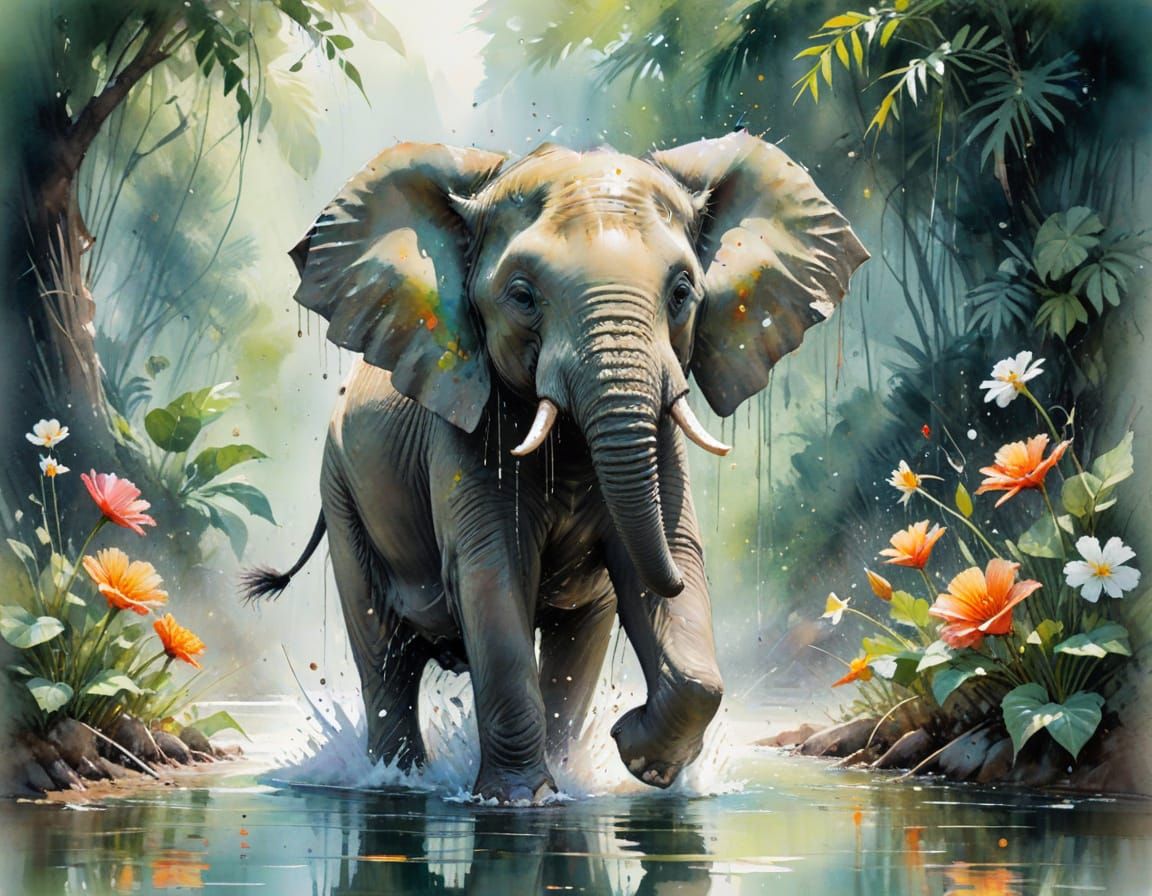Impressionistic Watercolor Baby Elephant Splashing in River