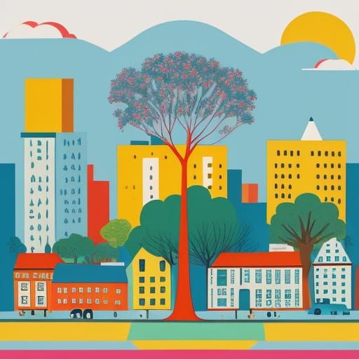 Naive Art Tree and City Illustration