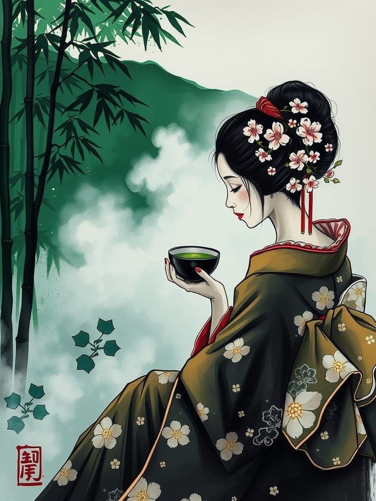 Geisha Sipping Matcha in Japanese Landscape Art