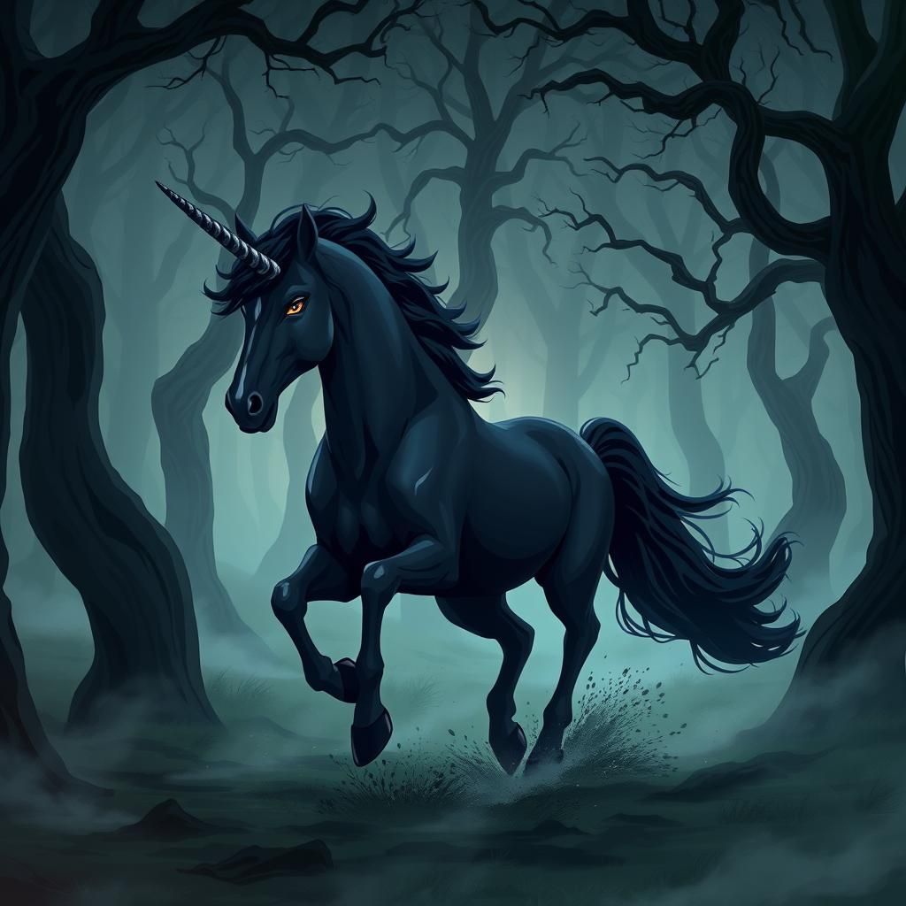 Majestic Black Unicorn in a Mystical Anime Forest
