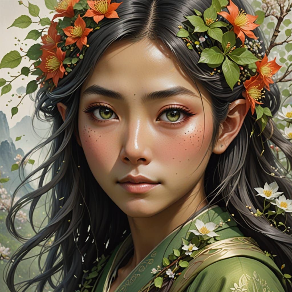 A vibrant portrait of a girl with flowers in her hair