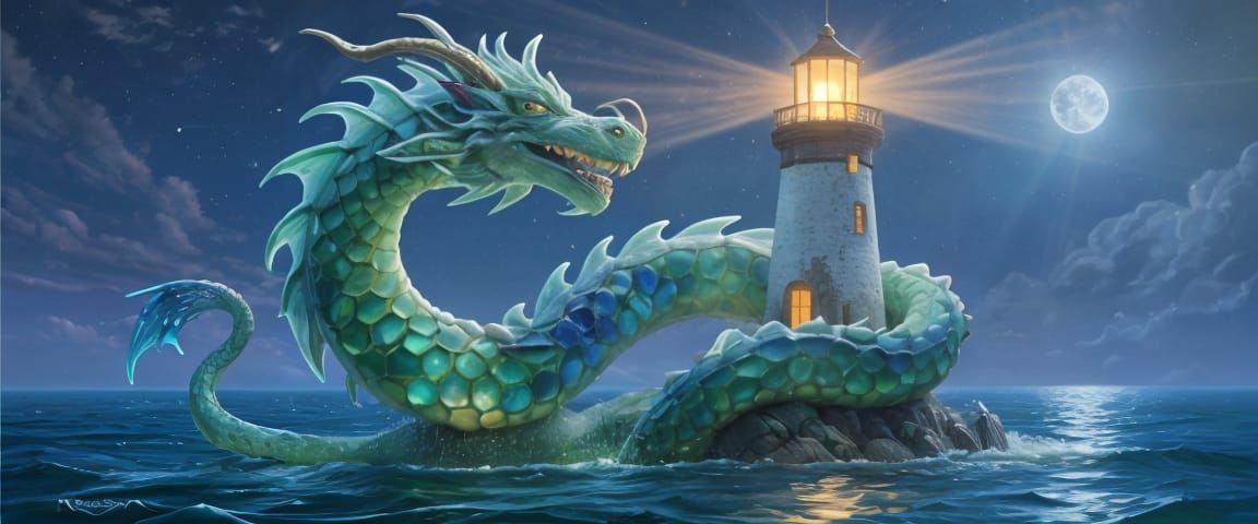 Dragon Sculpted From Sea Glass Coiled Around Lighthouse