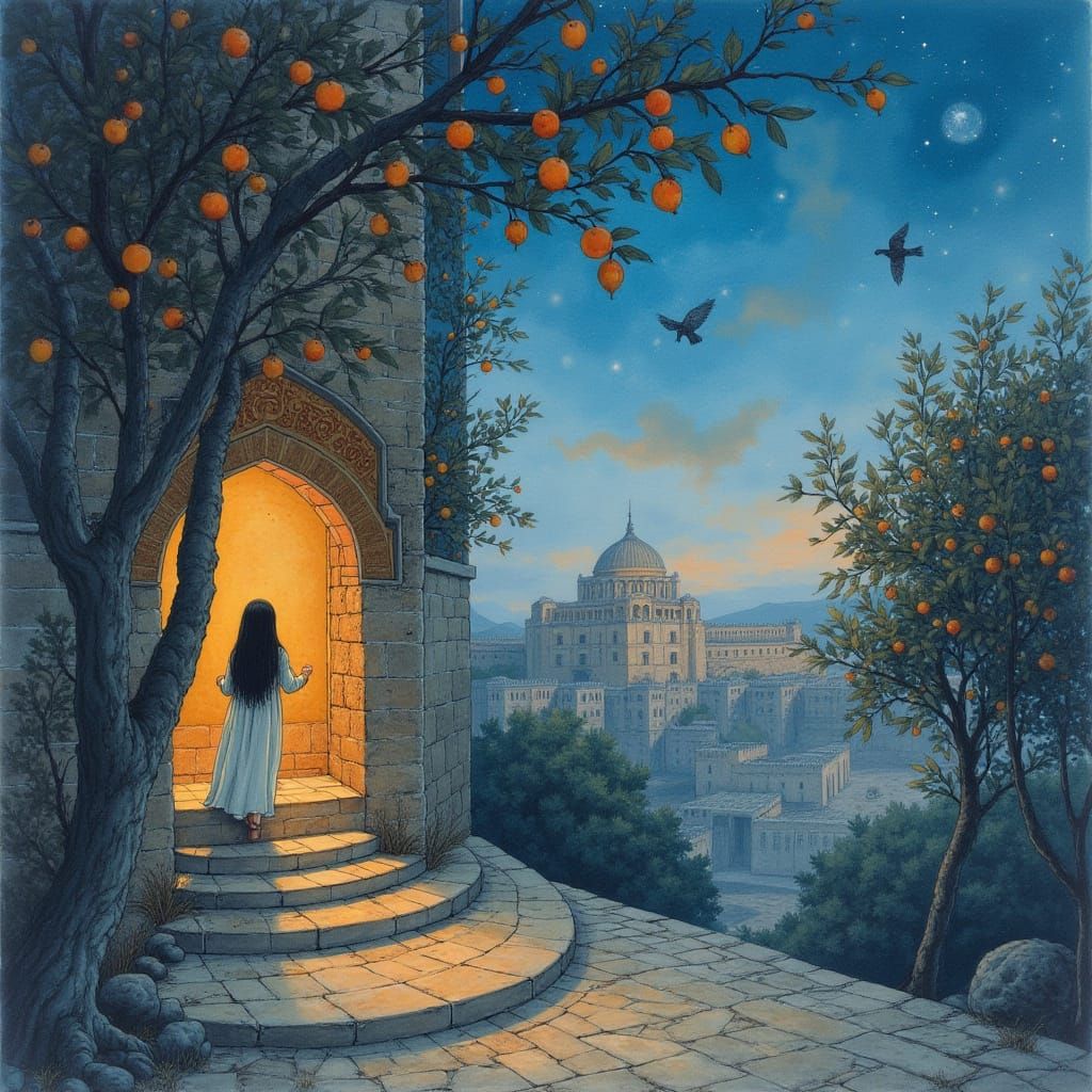 Ancient Persia Dreamscape: Girl in Tower, Watercolor Art