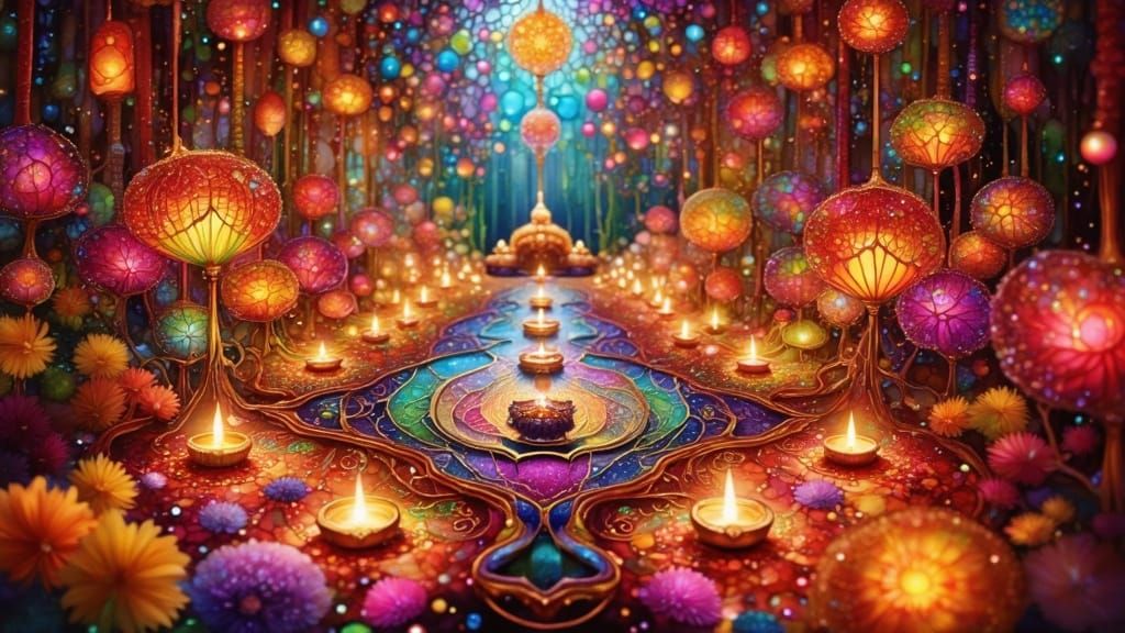 Diwali Celebration with Rainbow Lamps and Rangoli