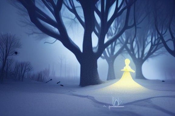 Ghostly Figure in Snowy Woods: Fairytale Illustration