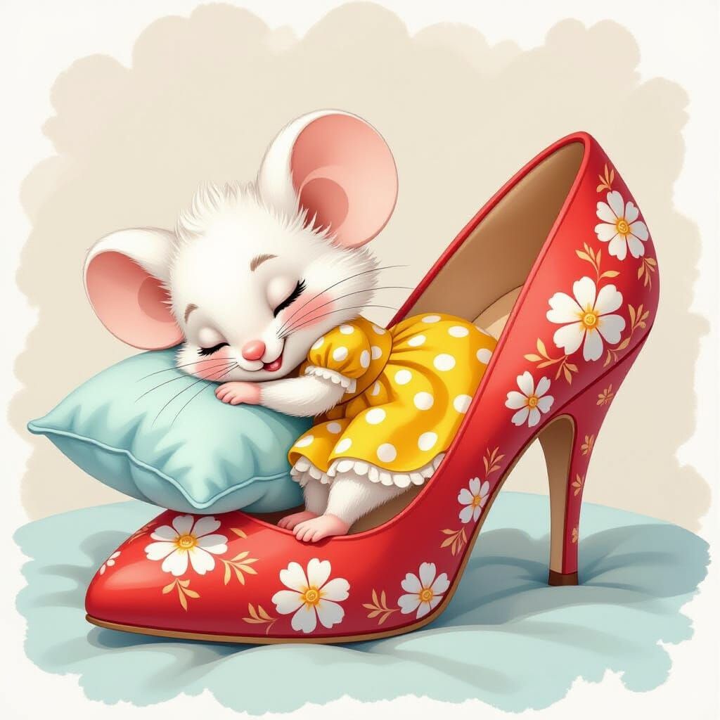 Cartoon Mouse Sleeping in Floral Shoe
