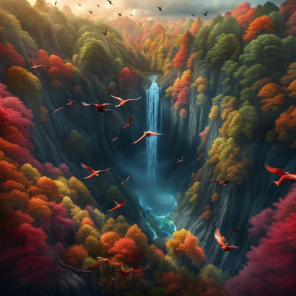 Majestic Mountain View with Waterfall and Birds
