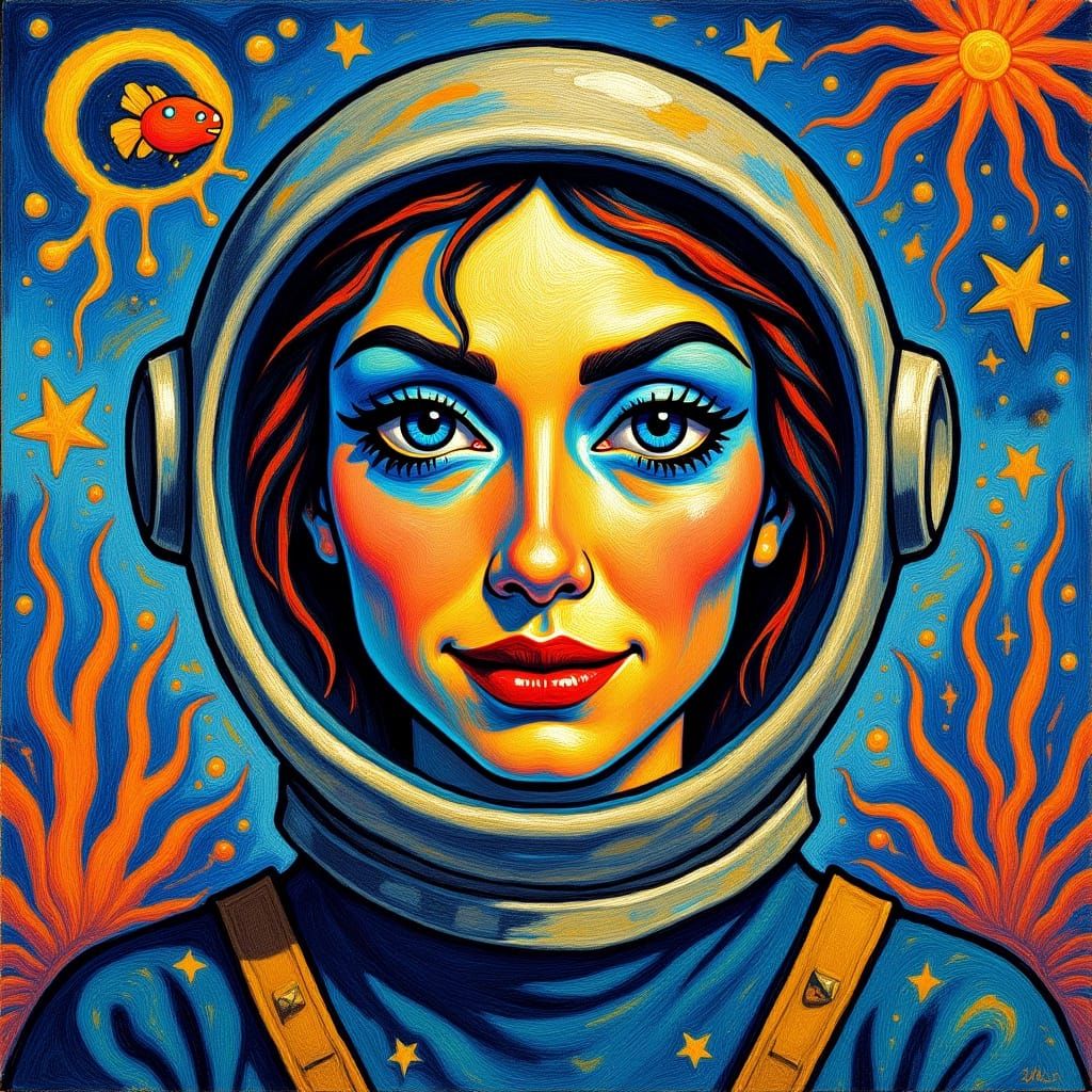 Abstract Woman with Diving Helmet in Cubist Style