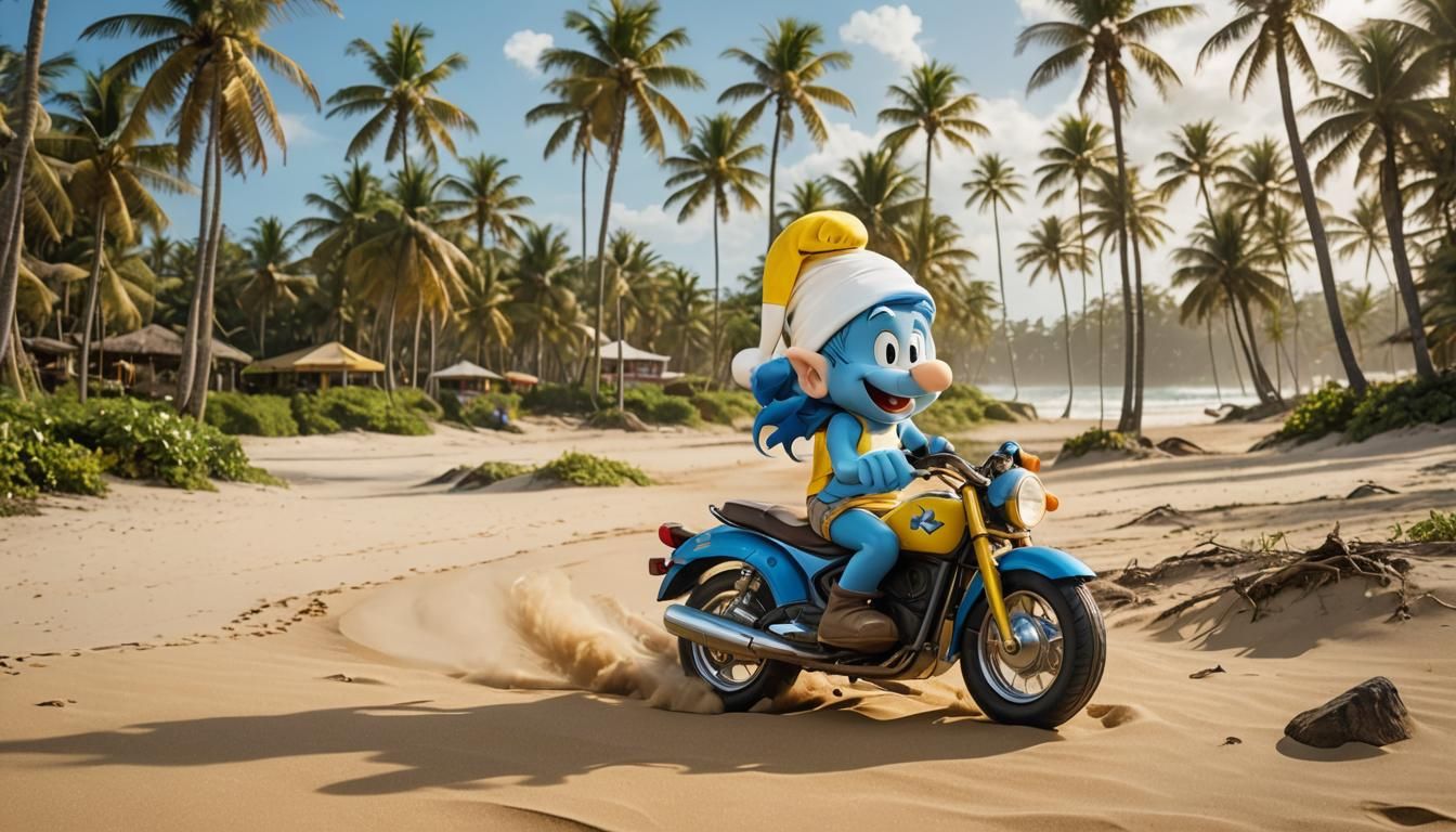 Smurf Rides Motorcycle on Beach in Anime Style
