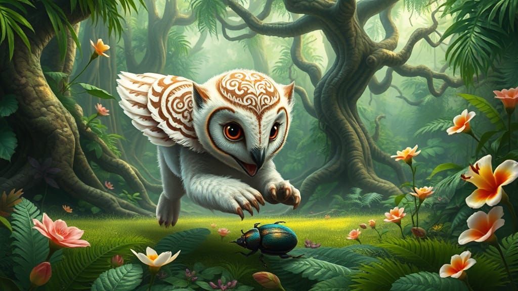 Miyazaki-Inspired Aztec Jungle Scene with Curious Owlbear Cu...