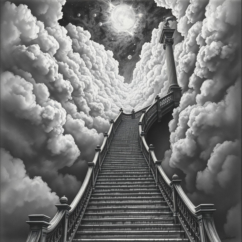 Ornate Staircase Ascending into Celestial Clouds: Charcoal D...