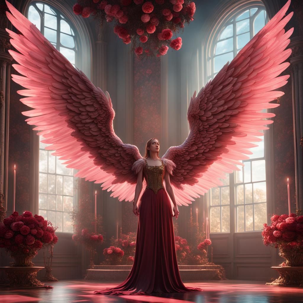 Angel with Wings in Rose Room, Detailed Matte Painting