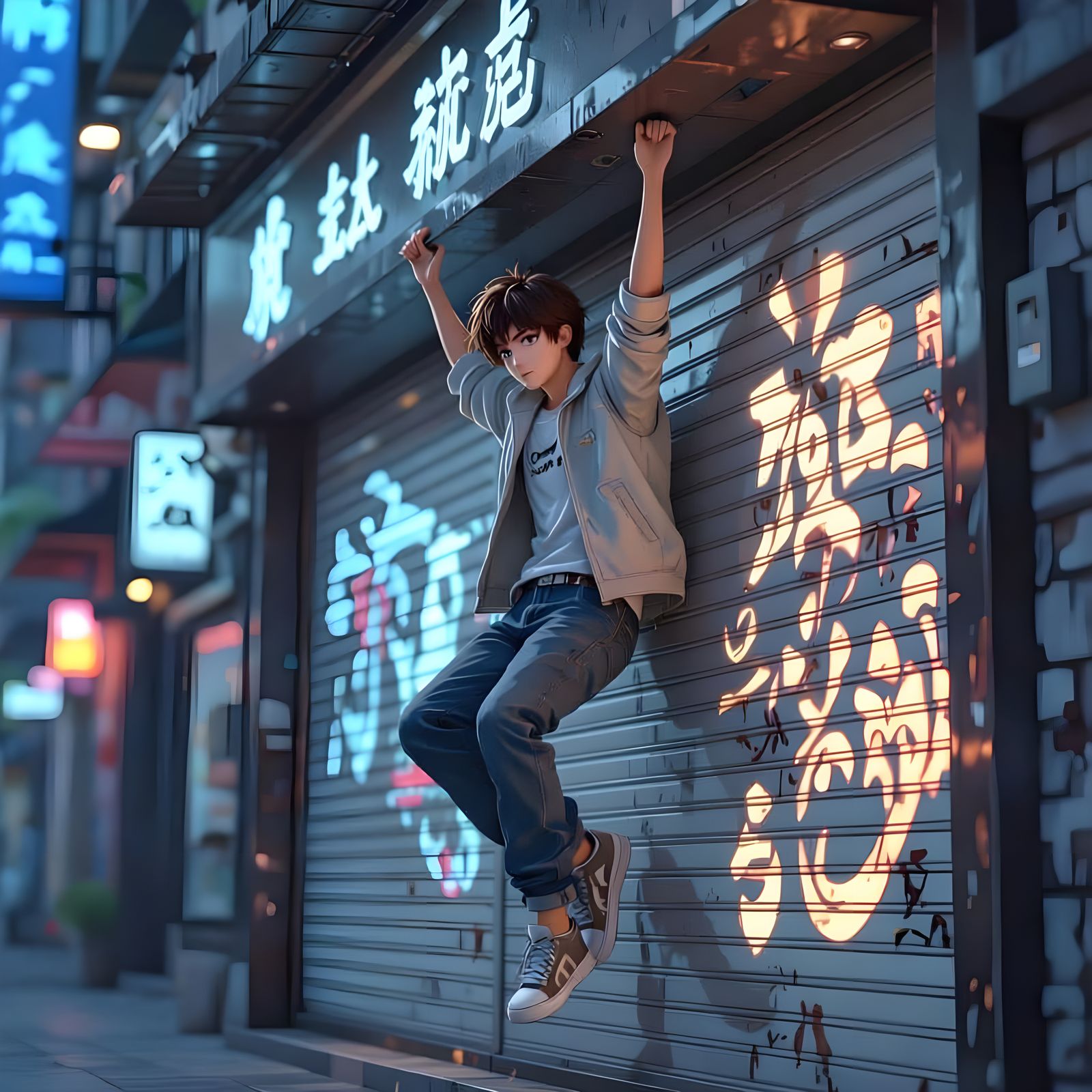 Anime Style Teenager Hanging on Shop Shutter