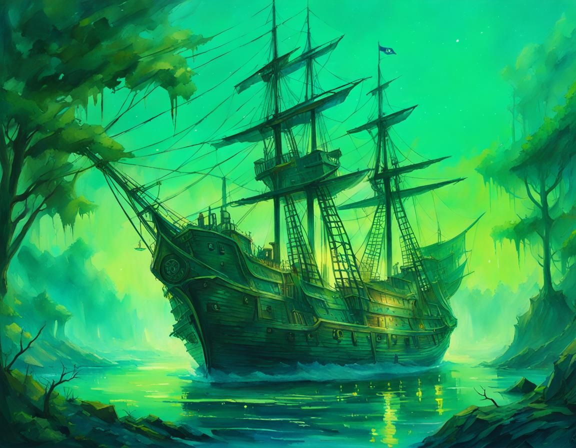Pirate Ship in Cove: Watercolor Impressionist Painting