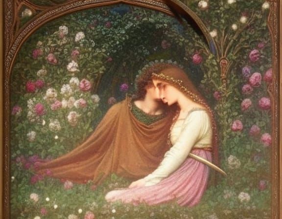 Lancelot and Guinevere in a stolen tender moment, surrounded by a blossoming medieval garden, their expressions a mix of...