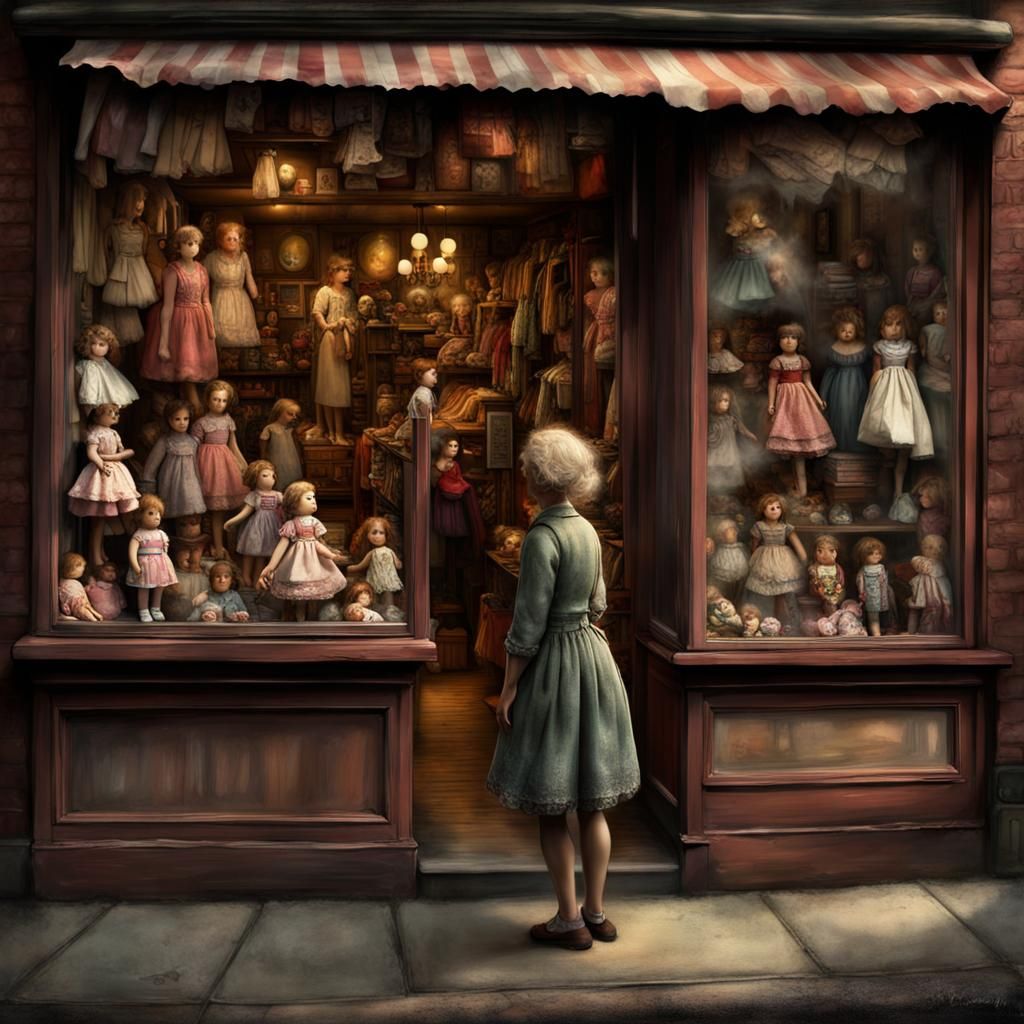 Woman Gazes at Enchanting Dolls in Toy Shop Window