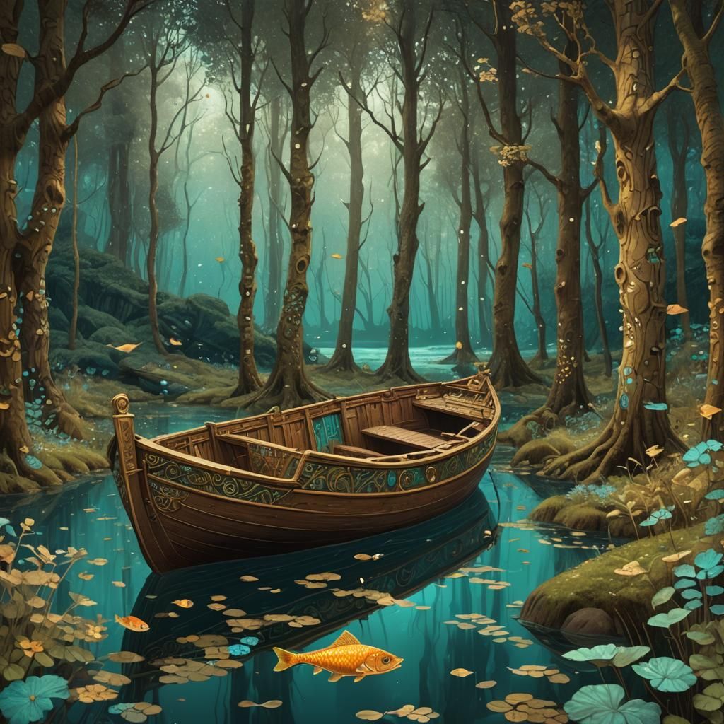 Boat and Fish in Forest, Klimt-Inspired Digital Art