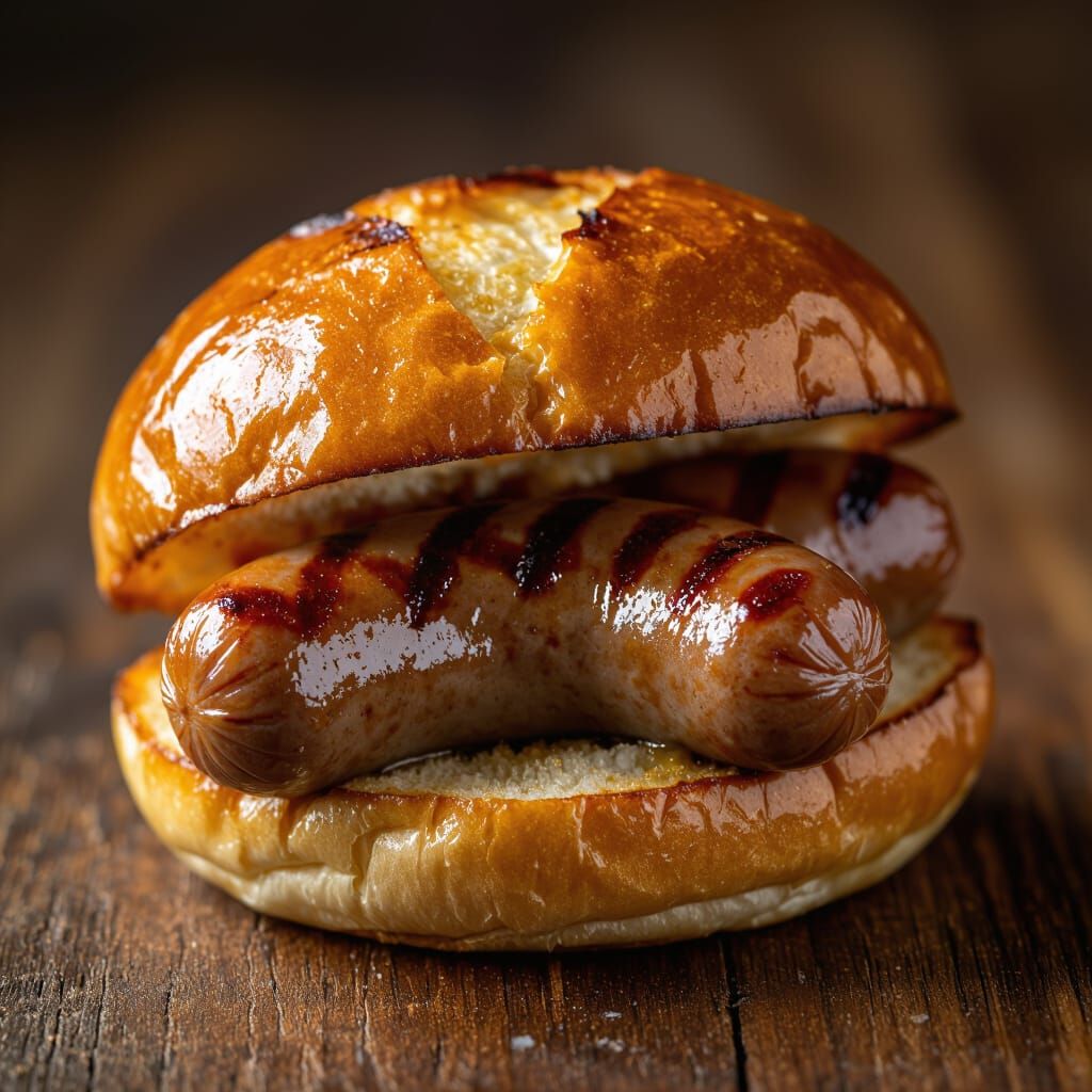 Photorealistic Grilled Bratwurst in Toasted Bun