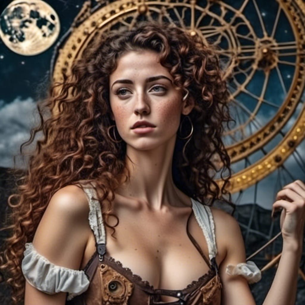 Goddess Ariadne Under Moon in Steampunk Style