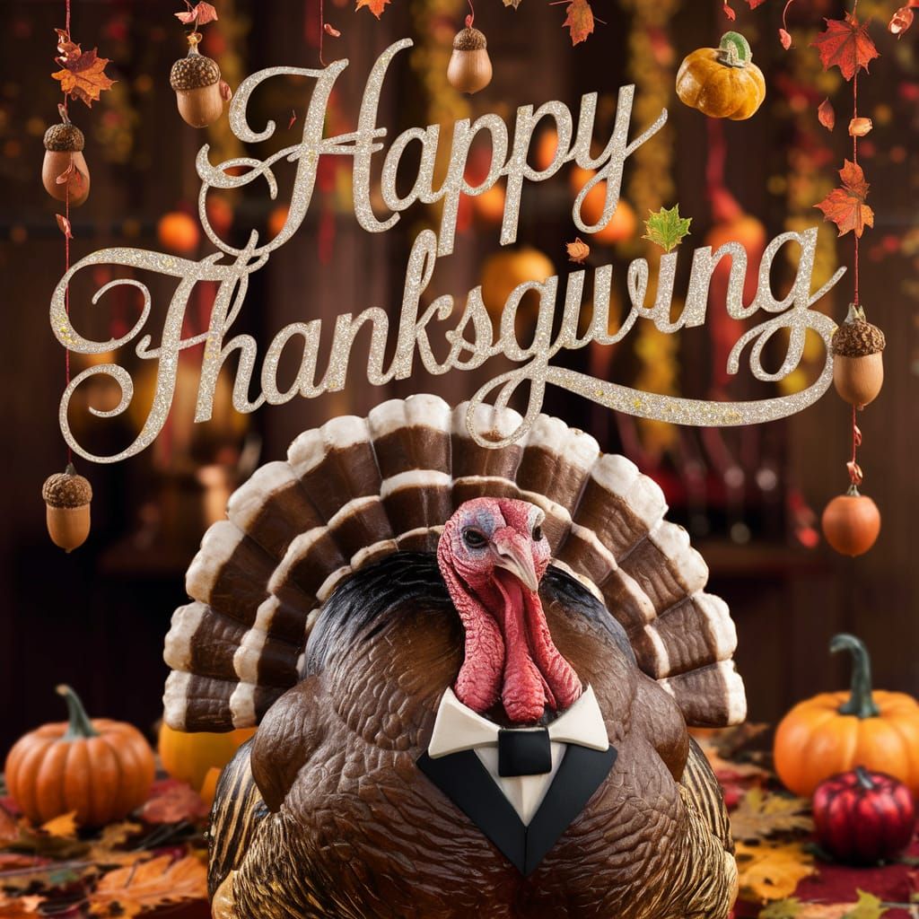 Festive Thanksgiving Scene with Turkey and Elegant Script