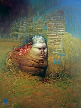Beksinski-Inspired Obese Figure in Dystopian Landscape