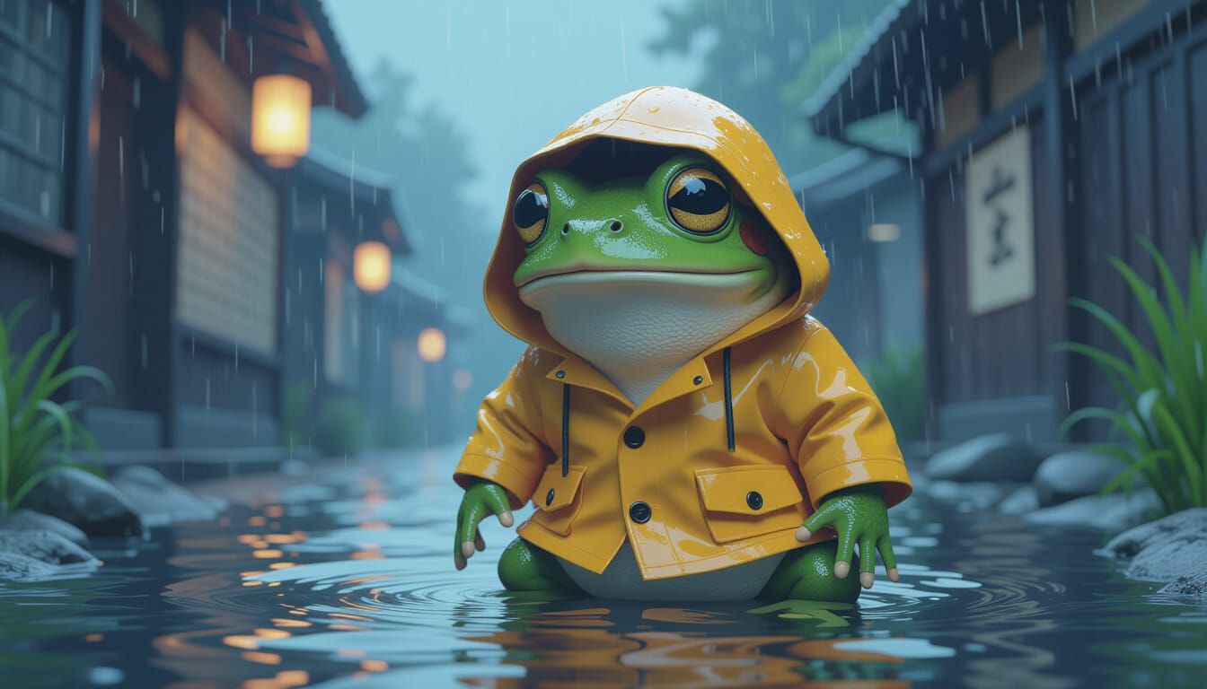 Frightened Frog in Storm: Anime-Inspired 3D Art