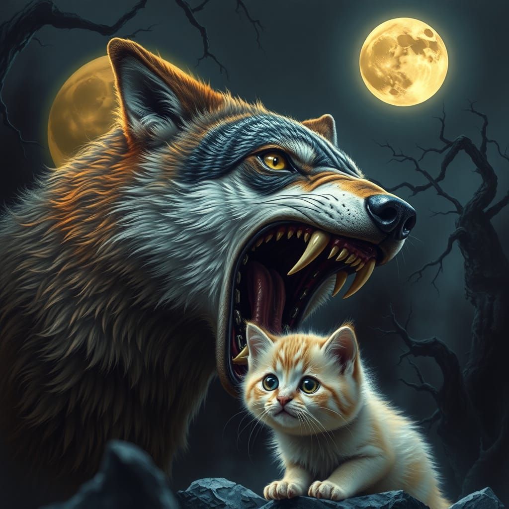 Hyper-Realistic Wolf Confronts Fearless Kitten Under Midnigh...