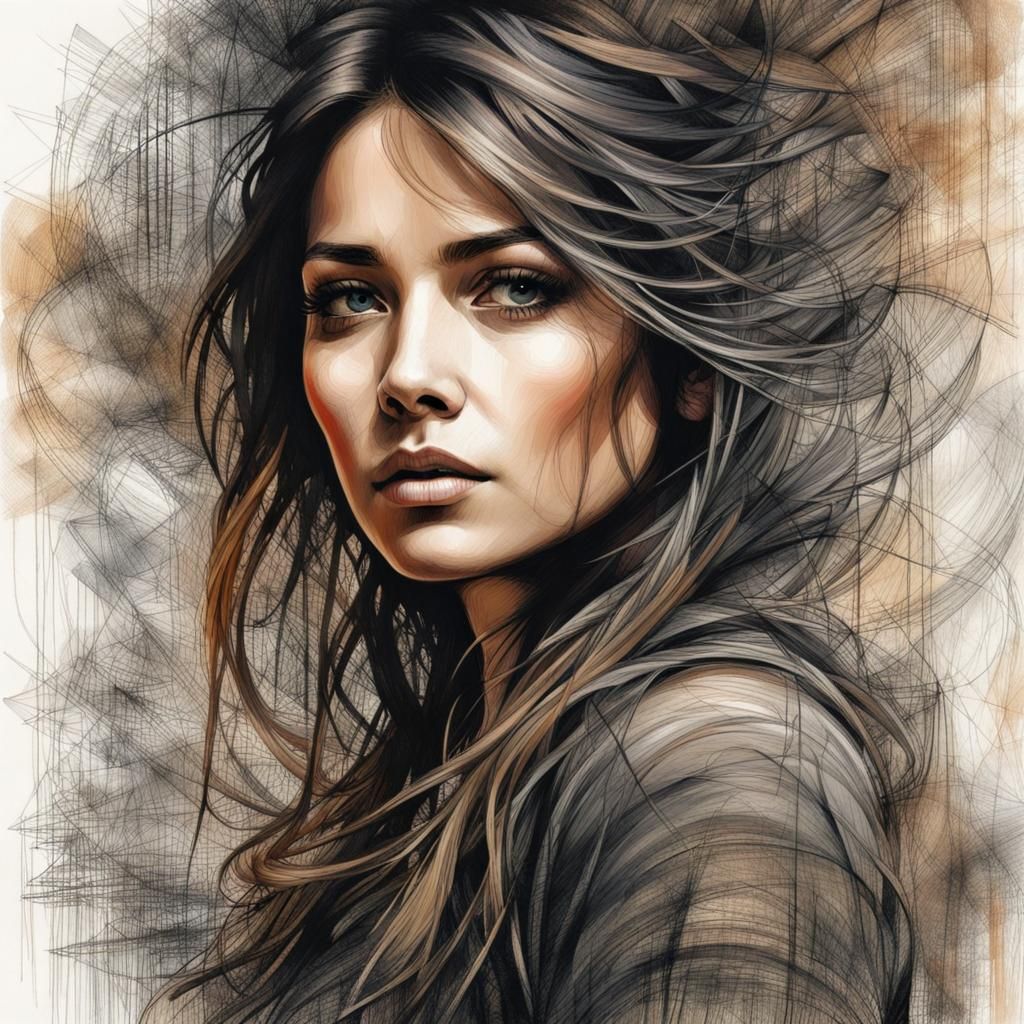 Complex Crosshatched Portrait of a Beautiful Woman