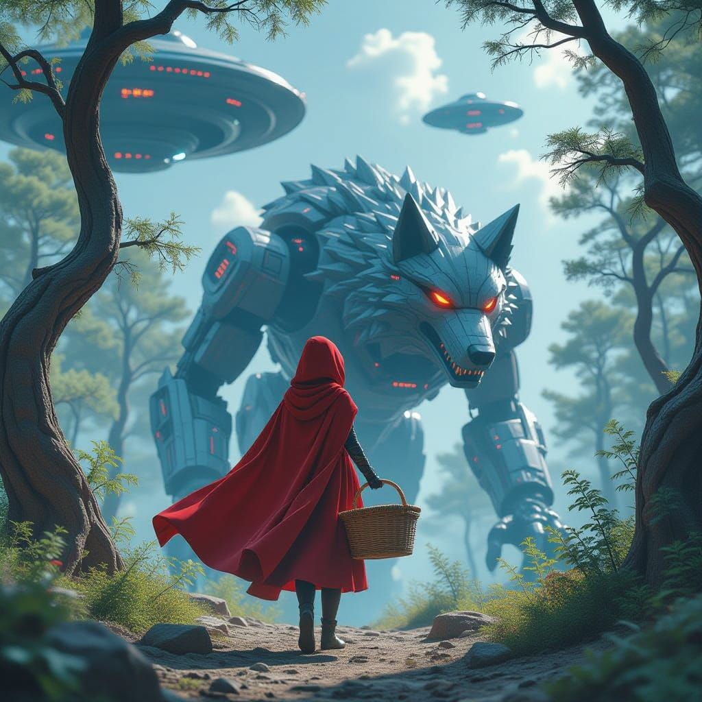 Android Lady with Robotic Wolf in Dystopian Space