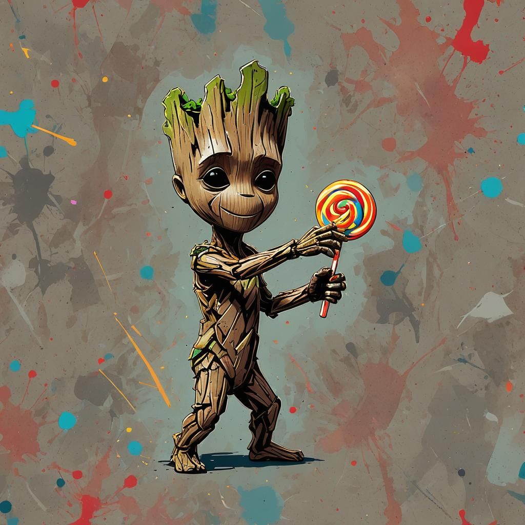Baby Groot Dancing with Lollipop in Abstract Art