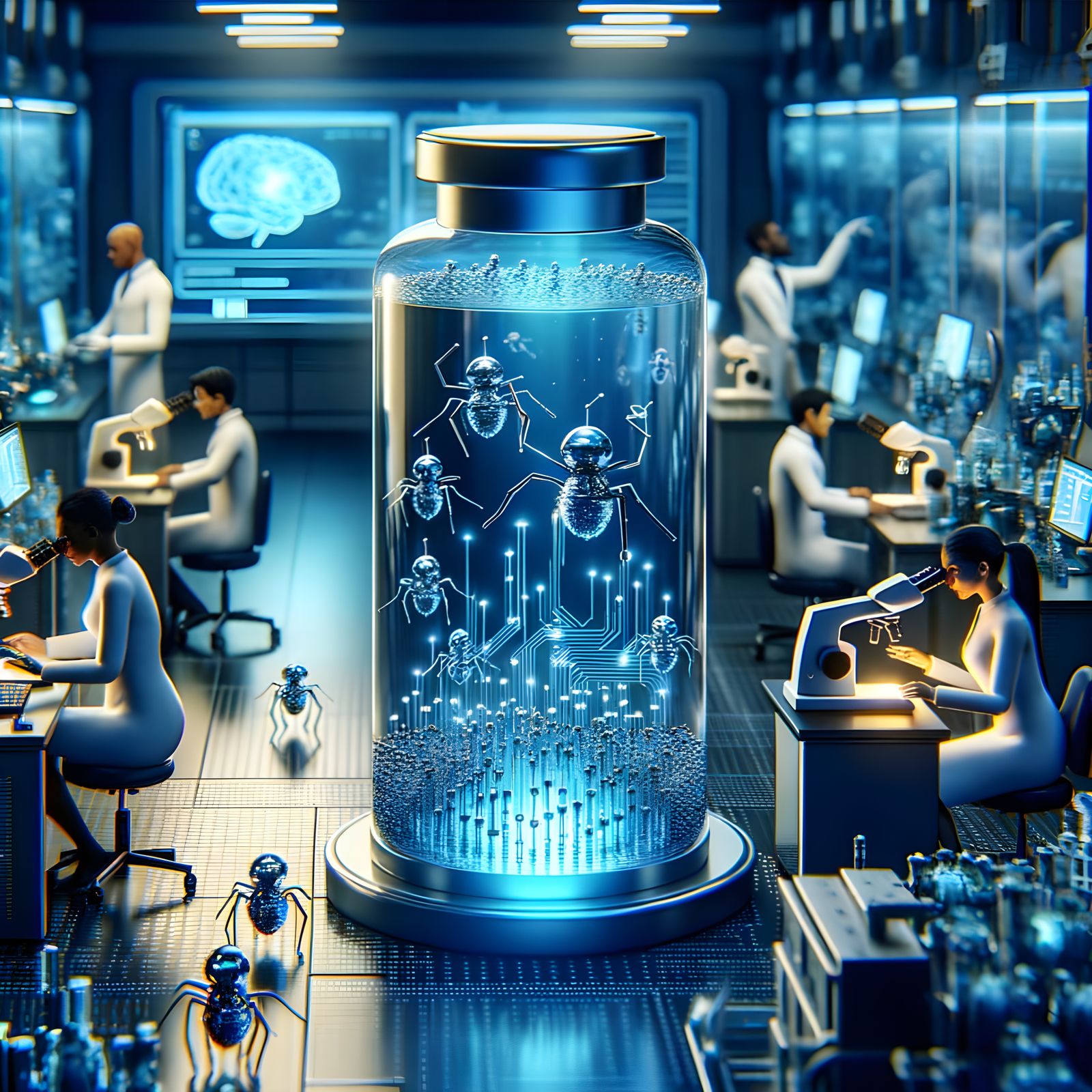 Futuristic Lab Scene with Nanobots in Action