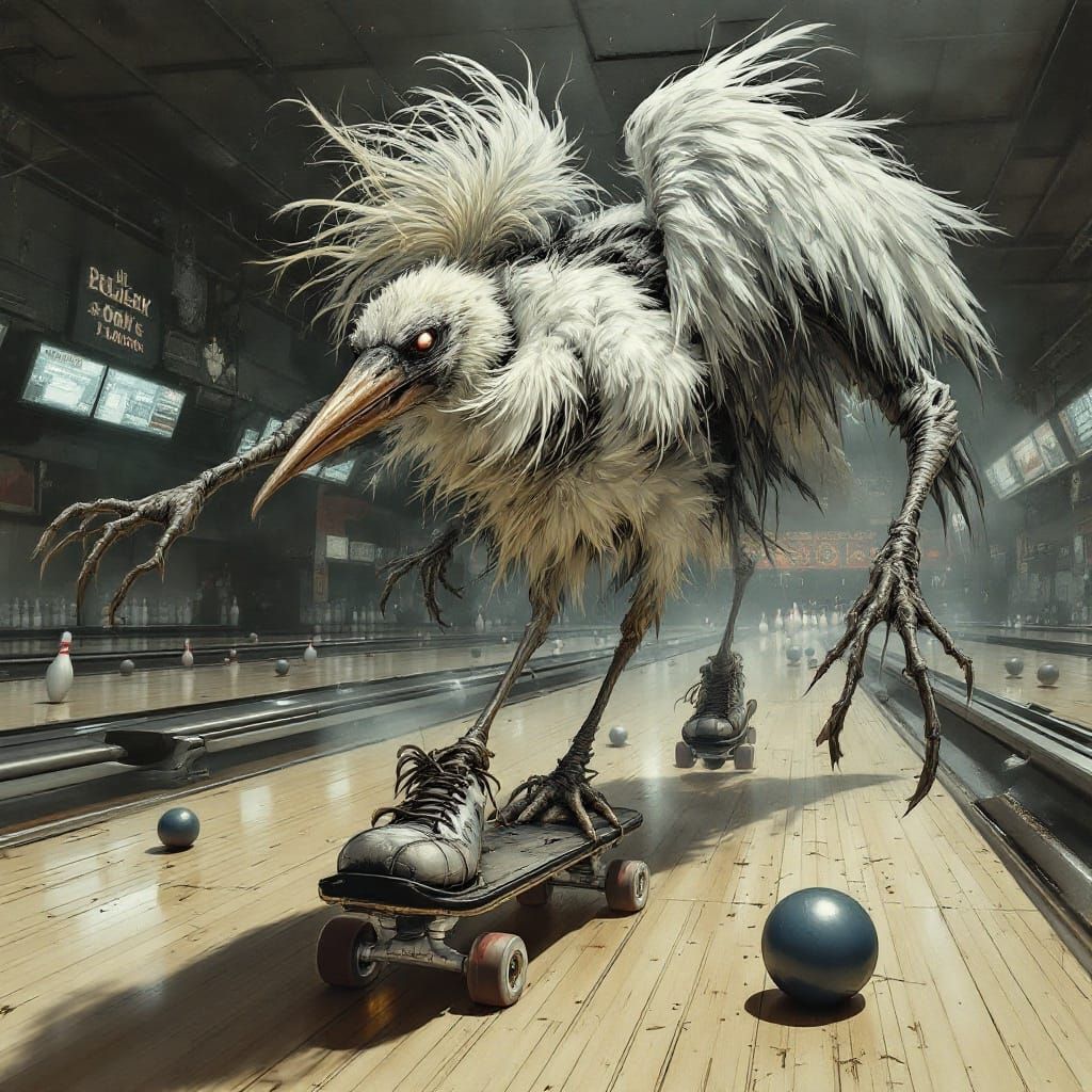 Shoebill Storks Rollerskating: Fantasy Illustration